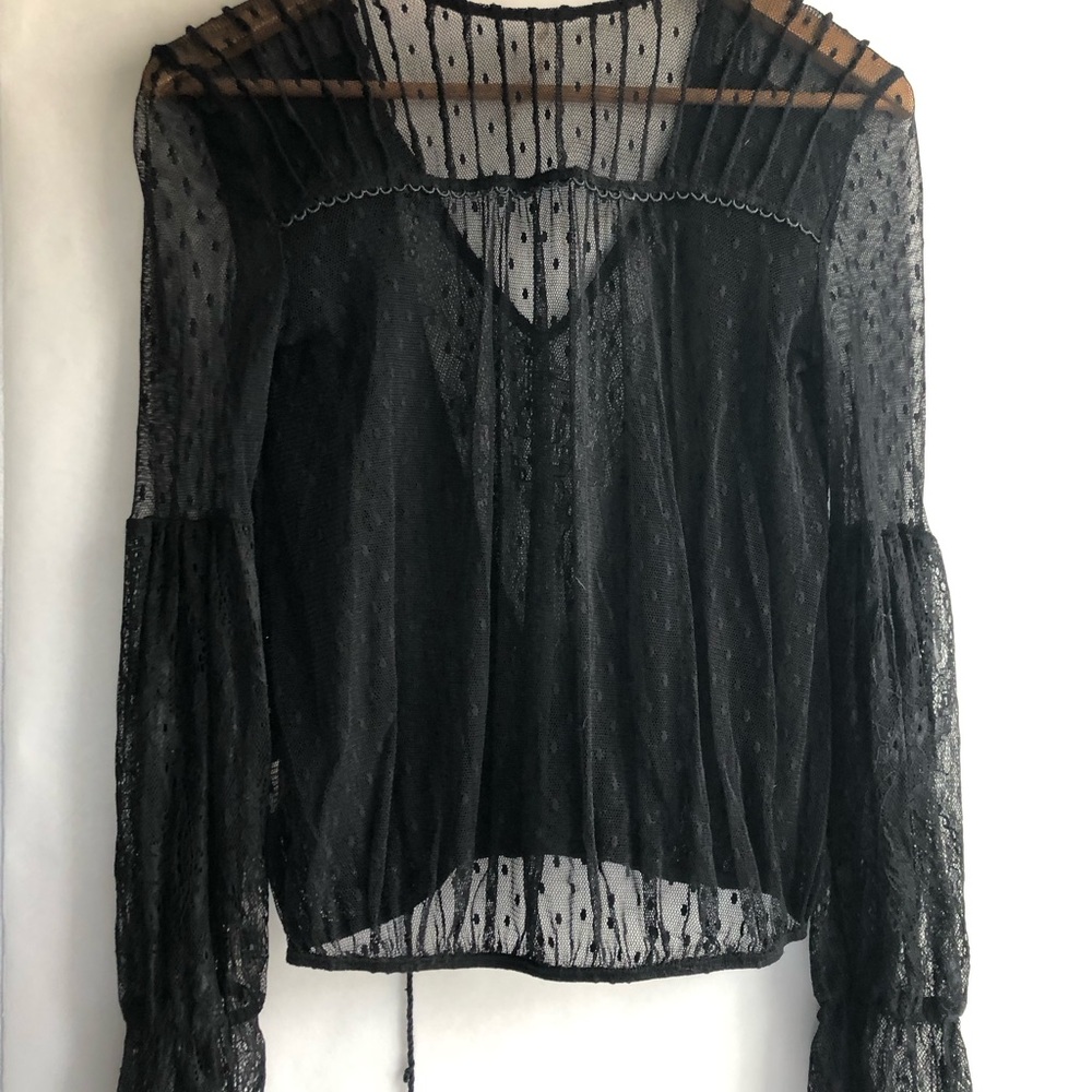 Free People Black Sheer Dot Lace Long Sleeve Blouse Y2K Boho XS